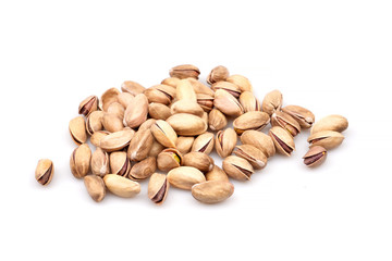 Tasty organic pistachio nuts, isolated on white background