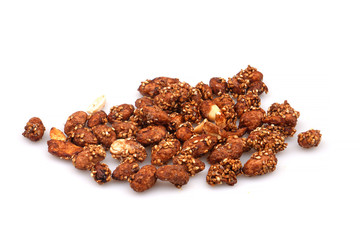 A Group Organic sauce covered peanuts on a white background