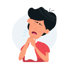 Boy kid character coughing and sneezing. Sick Kid. Season allergy. Flat cartoon vector stock Illustration isolated on white background.