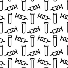 Seamless pattern with medical syringe and test tube. Medical care, vaccination, virus control, prevention and care of loved ones, blood transfusions.