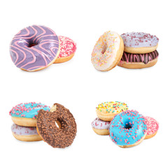 Set of different delicious donuts on white background