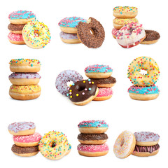 Set of different delicious donuts on white background