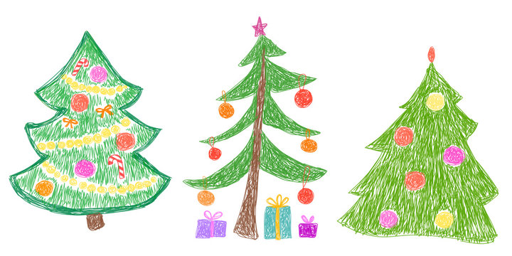 Children's drawing. Christmas trees. Vector illustration.