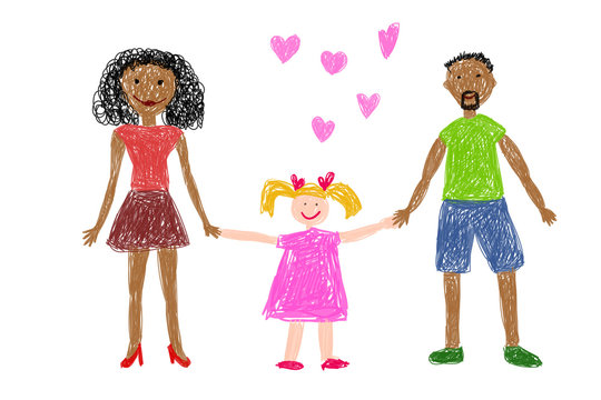 Children's drawing. African american family adopted white girl. Happy family