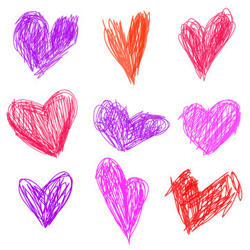 Kid drawing. Set with pink, red heart. Vector illustration