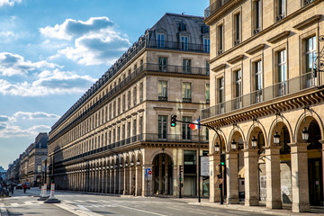 Fototapeta premium Paris, France - May 14, 2020: Typical luxury street in Paris 'rue de Rivoli' during lockdown due to covid-19