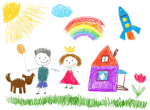 Kids drawings. Colorful vector illustration