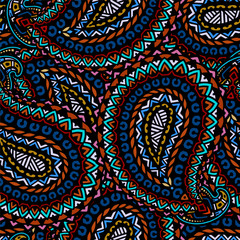 Seamless pattern based on traditional oriental paisley elements, Indian, Turkish, Persian cucumber. Suitable for textiles, fabrics, wallpapers, wrapping paper. Vector illustration.