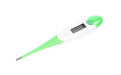 Modern digital thermometer on white background. Measuring temperature