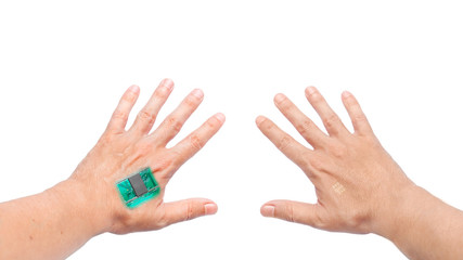 hands with a microprocessor chip implanted in wrist hand, a concept on the theme of chipization of humanity, the theory of the plot of control of society by the state, isolated on a white background.