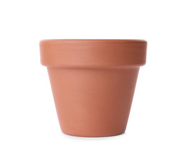 Stylish terracotta flower pot isolated on white