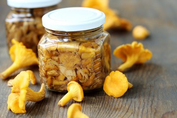 canned chanterelle mushrooms in oil. mushrooms conservation for the winter - obrazy, fototapety, plakaty