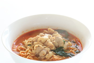 Chicken and spinach in spicy ramen noodles