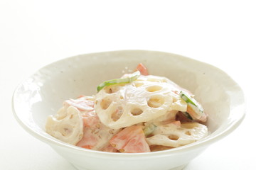 Homemade lotus root and mayonnaise salad with cucumber and carrot