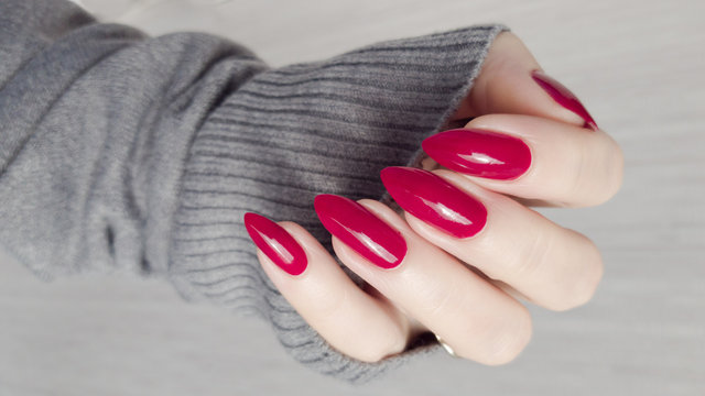 Female Hand With Long Nails And A Bottle Of Dark Red Nail Polish