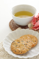 Japanese food, black sesame rice cracker on dish