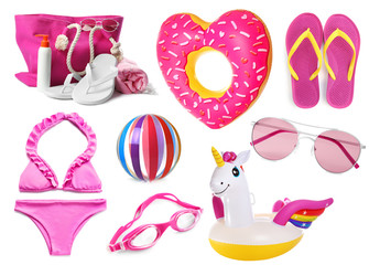 Set of different stylish beach objects on white background