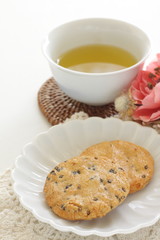 Japanese food, black sesame rice cracker on dish