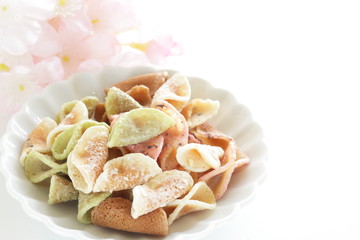 Japanese food, colorful sweet cracker on dish 