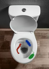 Illustration of microbes on toilet bowl in bathroom, top view