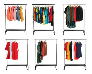 Set of wardrobe racks with different clothes on white background