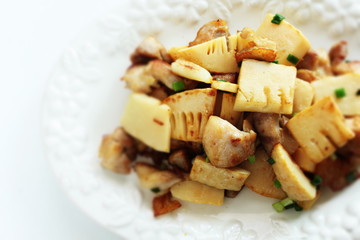 Chicken and bamboo shoots stir fried with copy space 