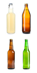 Set with different bottles of beer on white background