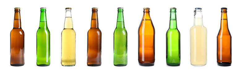 Set with different bottles of beer on white background, banner design