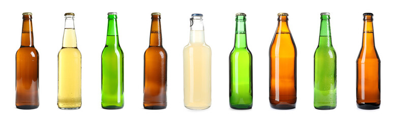 Set with different bottles of beer on white background, banner design