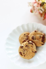 Chocolate chips on white dish with copy space