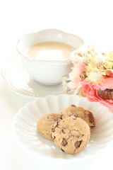 Chocolate chips on white dish with copy space