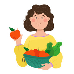 Girl holds fruits and salad in a basket. Vector illustration in cartoon flat style.
