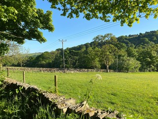 Green field, surrounded by a dry stone wall, with trees on the horizon, set against a blue sky, on a late spring day in Shibden Valley, Halifax, Yorkshire, England