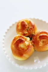 Garlic bread on white dish with copy space