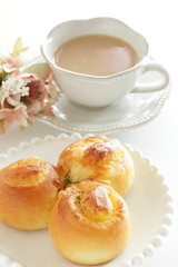 Garlic bread on white dish with copy space
