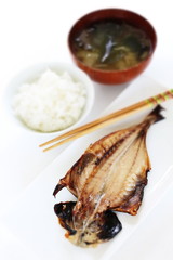 Japanese food, grilled mackerel and miso soup served with rice 