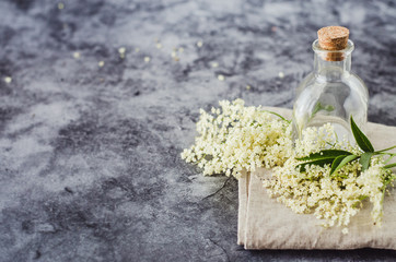 Healthy and fresh elderflowers on a rustic cloth with empty bottle. Gray background and space for text. Foraging wild herbs and flowers. Natural medicine. 
