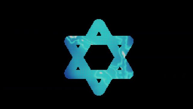 The symbol star of david is assembled from small balls. Then it shimmers with blue. It crumbles and disappears. In - Out loop. Alpha channel
