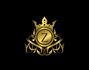 Luxury Boutique Z Letter Logo. Elegant gold floral badge design  for Royalty, Letter Stamp, Boutique,  Hotel, Heraldic, Jewelry, Wedding.