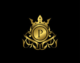 Luxury Boutique P Letter Logo. Elegant gold floral badge design  for Royalty, Letter Stamp, Boutique,  Hotel, Heraldic, Jewelry, Wedding.