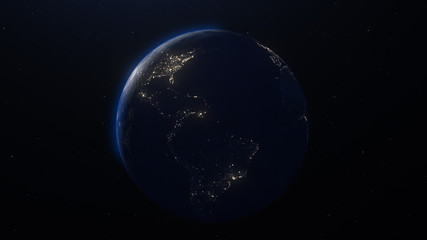 Obraz na płótnie Canvas Planet earth globe at night. Highly detailed. Elements of this image furnished by NASA. Night sky with stars and nebula. View from space. Europe, sunrise, space, galaxy, map. 3d render illustration