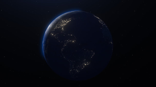 Planet earth globe at night. Highly detailed. Elements of this image furnished by NASA. Night sky with stars and nebula. View from space. Europe, sunrise, space, galaxy, map. 3d render illustration