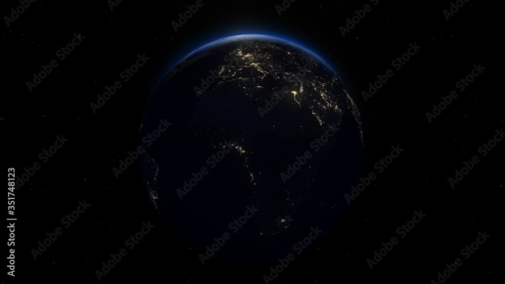 Wall mural planet earth from space rotating animation. earth pulsing with colors at night. backlit by the sun w