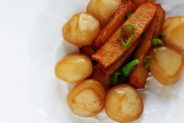 Japanese food, konnyaku and fish cake on dish with copy space