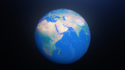 Planet earth globe at night. Highly detailed. Elements of this image furnished by NASA. Night sky with stars and nebula. View from space. Europe, sunrise, space, galaxy, map. 3d render illustration