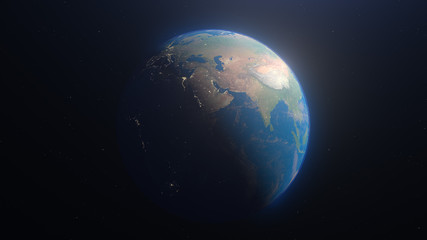 Planet earth globe at night. Highly detailed. Elements of this image furnished by NASA. Night sky with stars and nebula. View from space. Europe, sunrise, space, galaxy, map. 3d render illustration