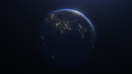 Planet earth globe at night. Highly detailed. Elements of this image furnished by NASA. Night sky with stars and nebula. View from space. Europe, sunrise, space, galaxy, map. 3d render illustration