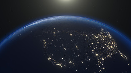 Planet earth globe at night. Highly detailed. Elements of this image furnished by NASA. Night sky with stars and nebula. View from space. Europe, sunrise, space, galaxy, map. 3d render illustration