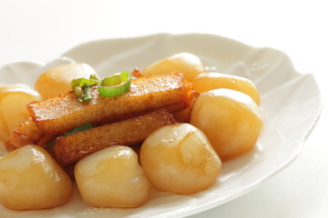 Japanese food, konnyaku and fish cake on dish with copy space