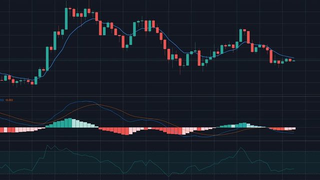 Traffic stock exchange graphics in an accelerated form. Stock market, Forex, candles, indicators SMA, MACD, RSI, ATR